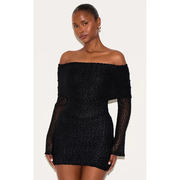 Black Textured Bardot Flare Long Sleeve Mini Dress