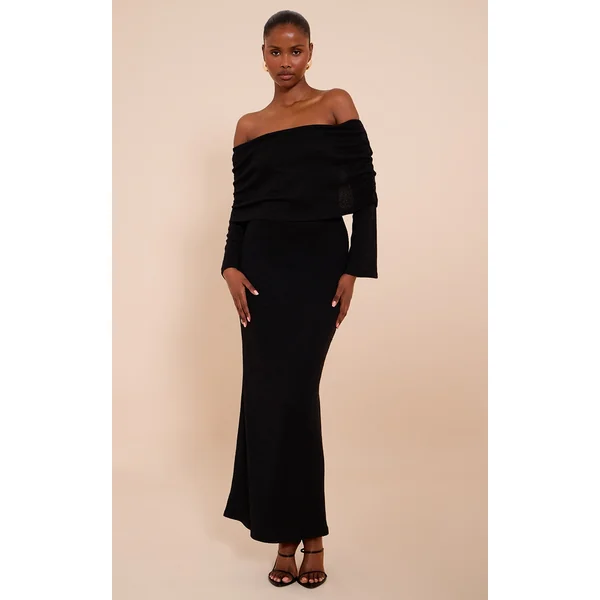 Black Textured Bardot Foldover Maxi Dress