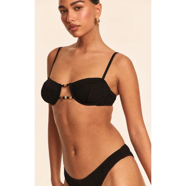 Black Textured Bead Trim Underwired Bikini Top