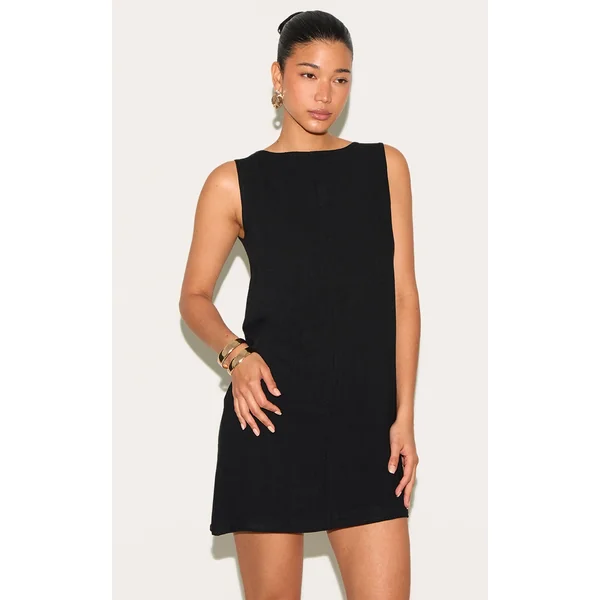 Black Textured Boat Neck Boxy Shift Dress
