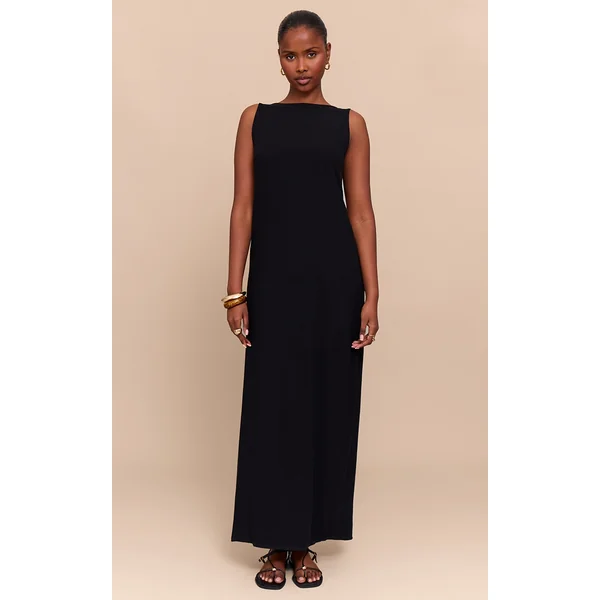 Black Textured Boat Neck Low Back Maxi Dress