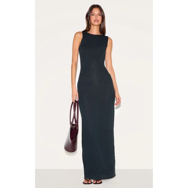 Black Textured Boat Neck Sleeveless Maxi Dress