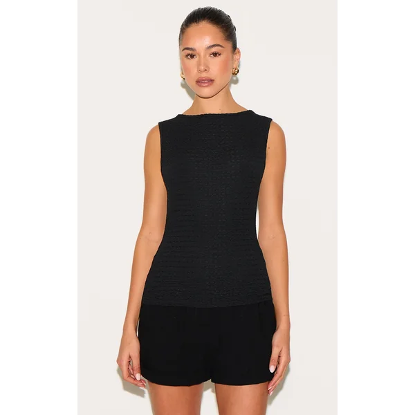 Black Textured Boat Neck Vest Top