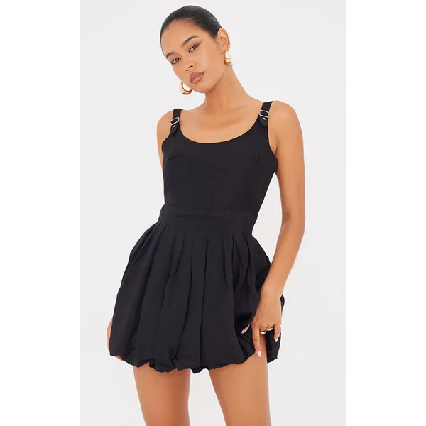 Black Textured Buckle Strap Puffball Dress