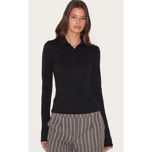 Black Textured Button Down Flared Long Sleeve Top