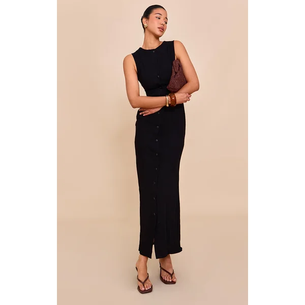 Black Textured Button Down Sleeveless Maxi Dress