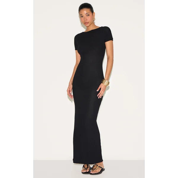 Black Textured Cap Sleeve Maxi Dress