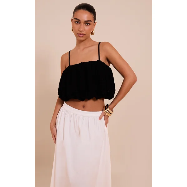 Black Textured Chiffon Puff Ball Cami Top