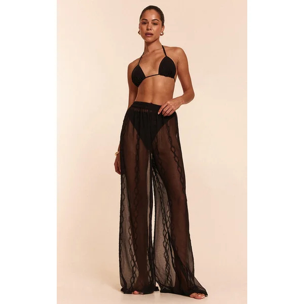 Black Textured Chiffon Triangle Beach Top And Pant Set