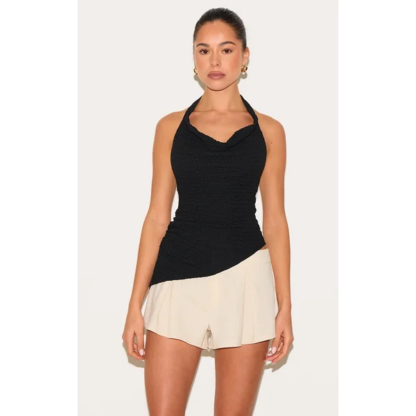 Black Textured Cowl Neck Asymmetric Hem Long Top