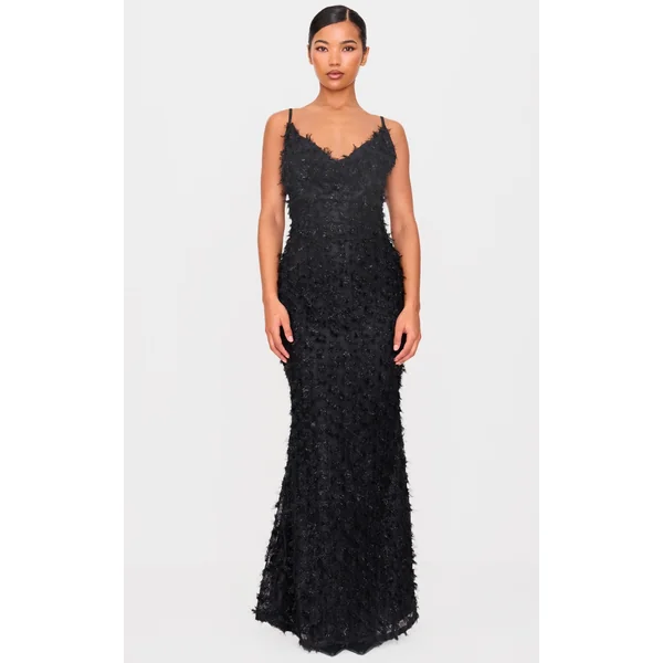 Black Textured Cowl Neck Maxi Dress