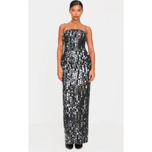 Black Textured Disk Sequin Maxi Dress