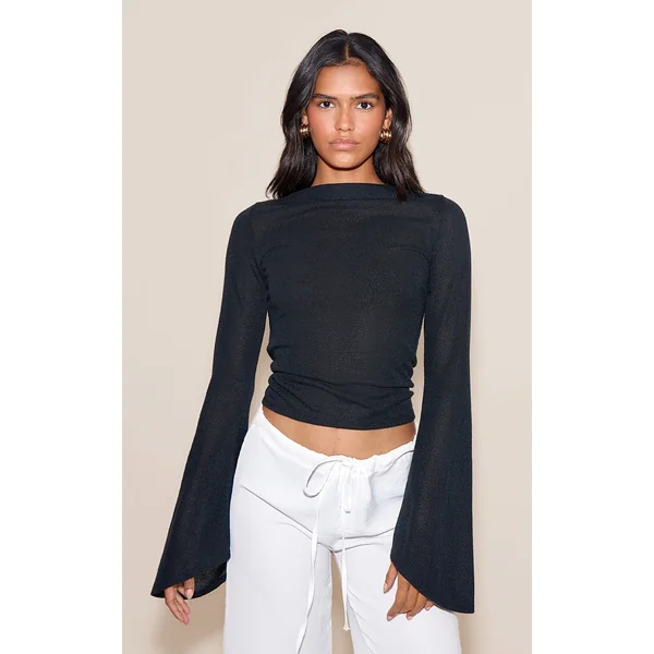 Black Textured Extreme Flute Sleeve Long Top