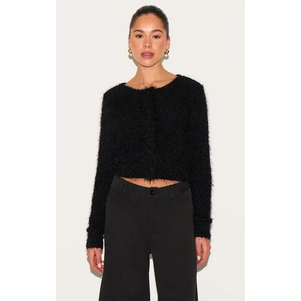 Black Textured Fluffy Knit Button Up Cardigan