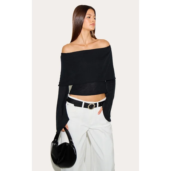 Black Textured Fold Over Bardot Extreme Flute Sleeve Long Top
