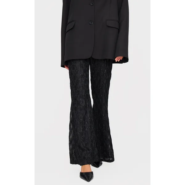 Black Textured Glitter Mesh Flared Pants