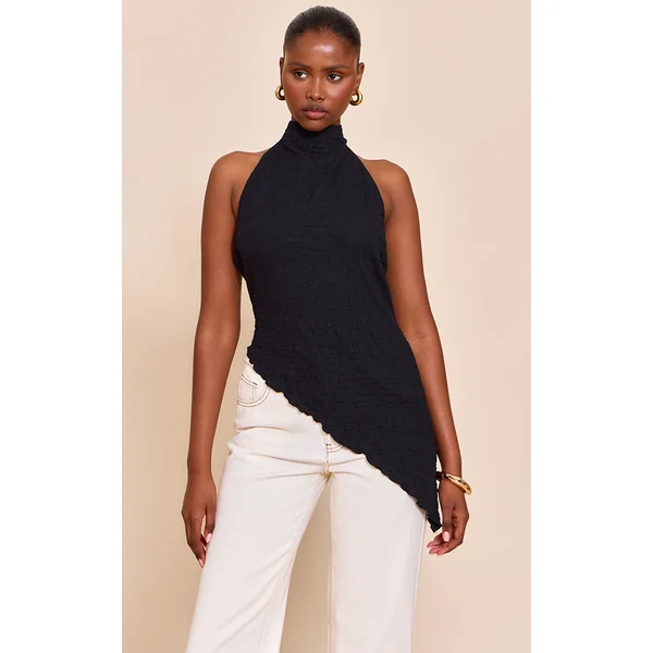 Black Textured High Neck Asymmetric Hem Detail Long Top