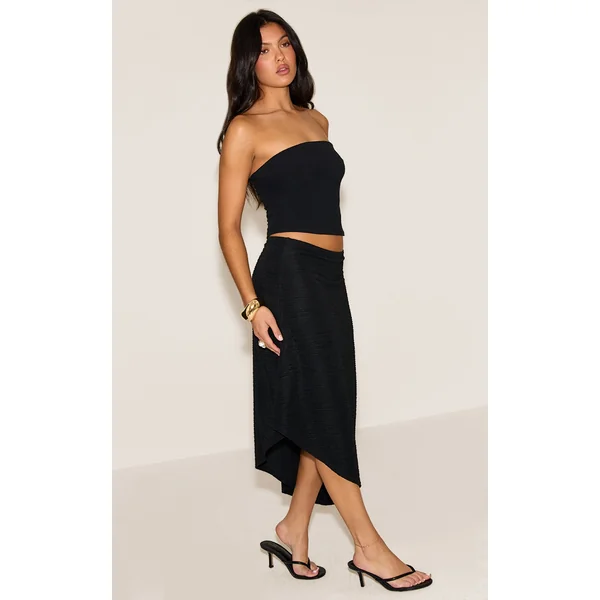 Black Textured Jersey Asymmetric Hem Midi Skirt
