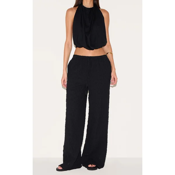 Black Textured Jersey Drawstring Waist Wide Leg Pants
