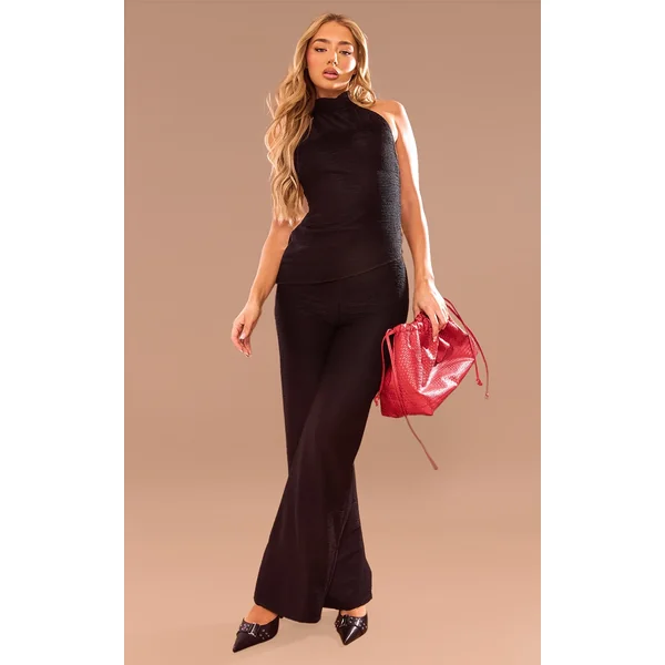 Black Textured Jersey Mid Rise Wide Leg Pants