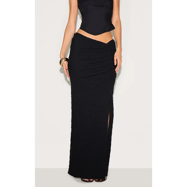 Black Textured Jersey Ruched Side Maxi Skirt