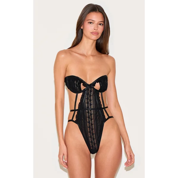 Black Textured Lace Cut Out Bandeau Bodysuit