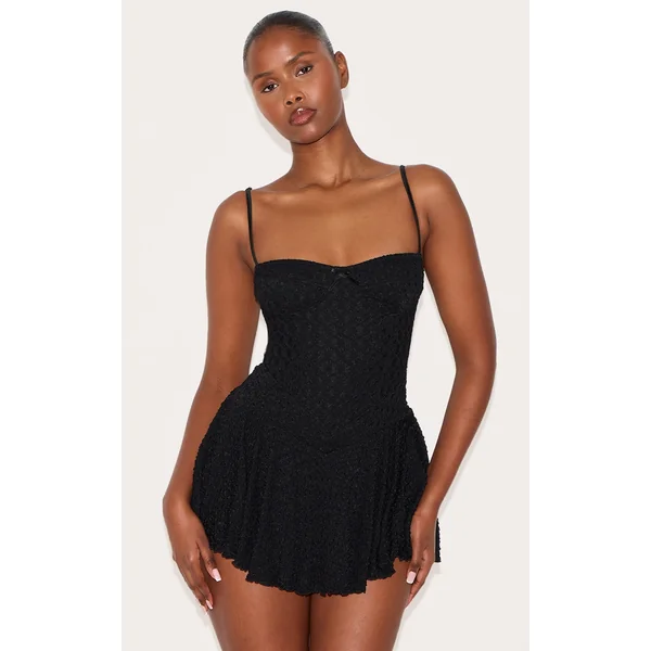 Black Textured Lace Strappy Skort Floaty Romper