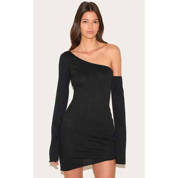 Black Textured Long Sleeve Asymmetric Mini Dress