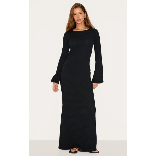 Black Textured Long Sleeve Bodycon Maxi Dress