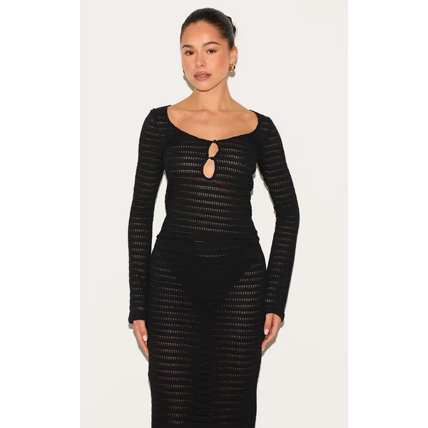 Black Textured Long Sleeve Button Up Top