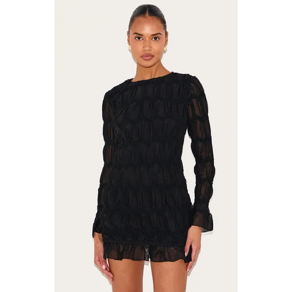 Black Textured Long Sleeve Crew Neck Mini Dress