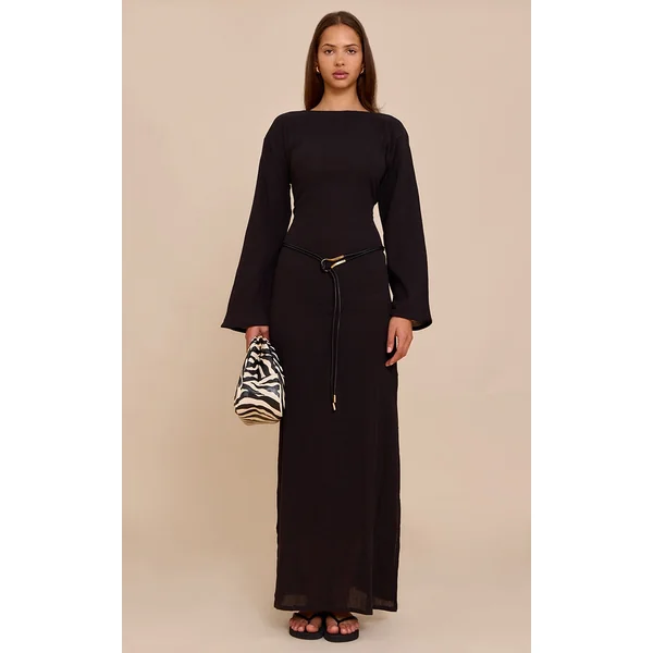 Black Textured Long Sleeve Maxi Dress