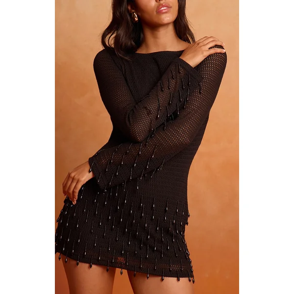 Black Textured Long Sleeve Pearl Detail Mini Dress