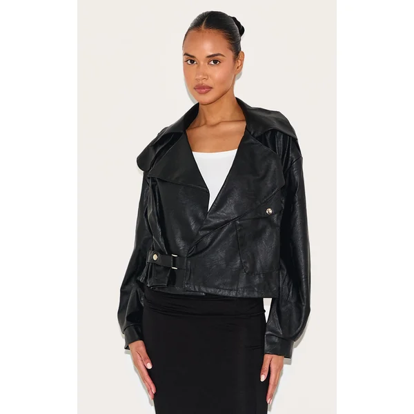 Black Textured Look Faux Leather Biker Jacket