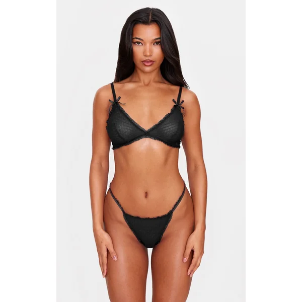 Black Textured Mesh Frill Edge Triangle Bra