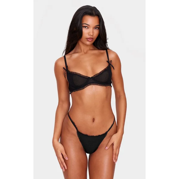 Black Textured Mesh Frill Edge Underwired Bra