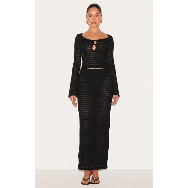 Black Textured Mid Rise Maxi Skirt