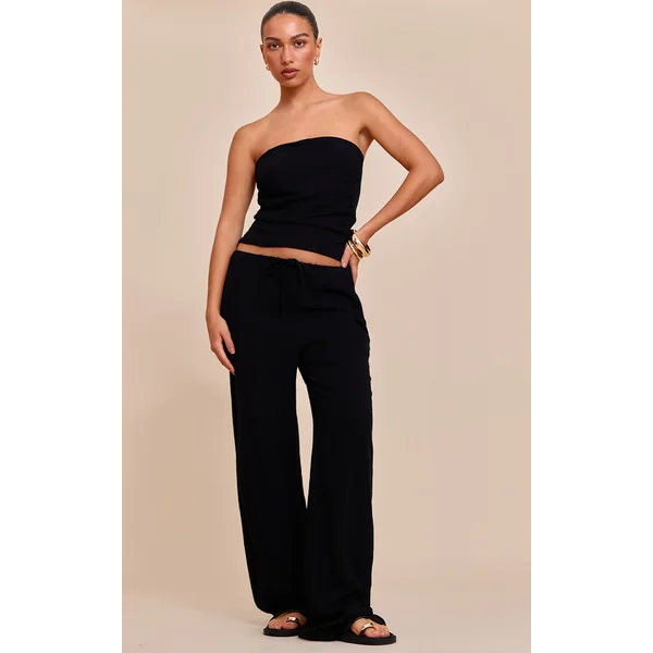 Black Textured Mid Rise Wide Leg Drawstring Pants