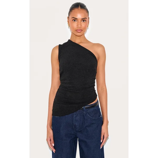 Black Textured One Shoulder Asymmetric Long Top