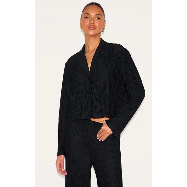 Black Textured Pleated Button Front Shirt