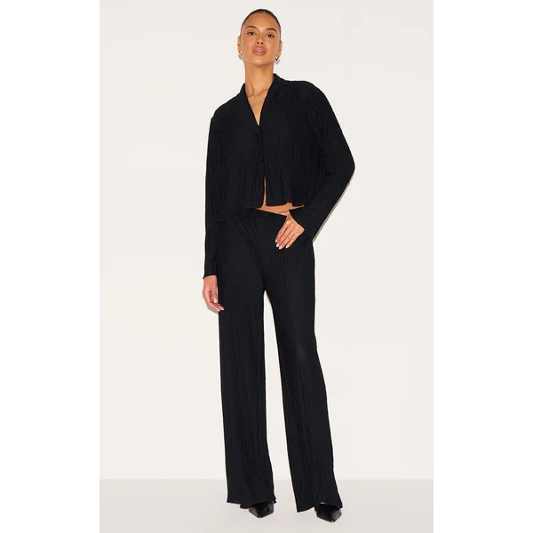 Black Textured Pleated Wide Leg Pants