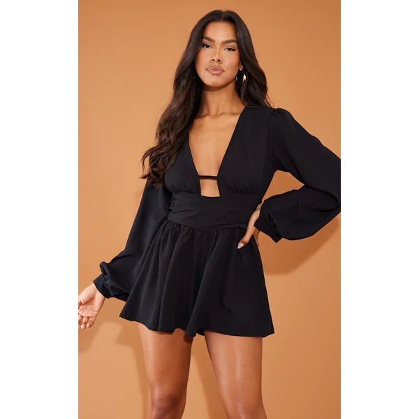 Black Textured Plunge Long Sleeve Tie Back Romper