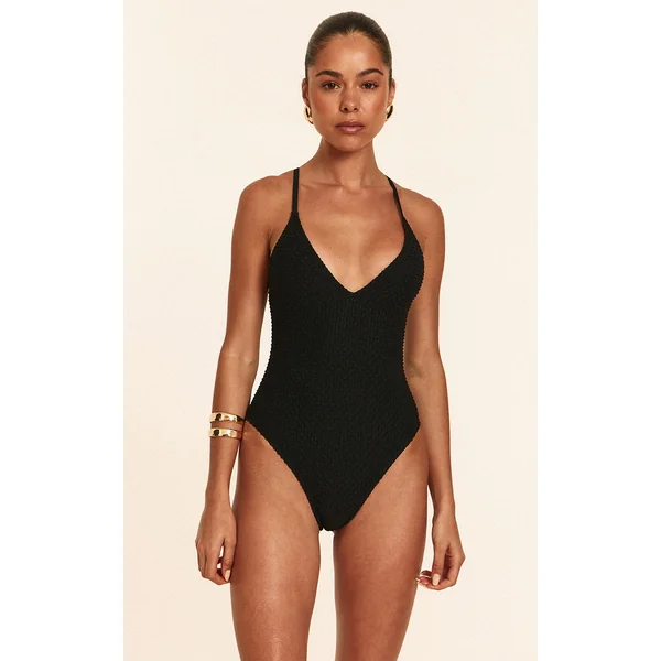 Black Textured Plunge Swimsuit
