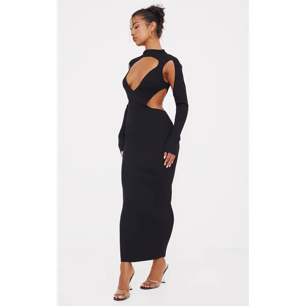 Black Textured Rib Knit Cut Out Maxi Dress
