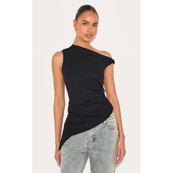 Black Textured Rib Twist Detail Asymmetric Longline Top