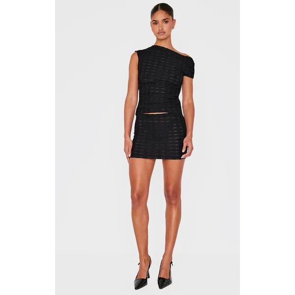 Black Textured Ribbed Micro Mini Skirt