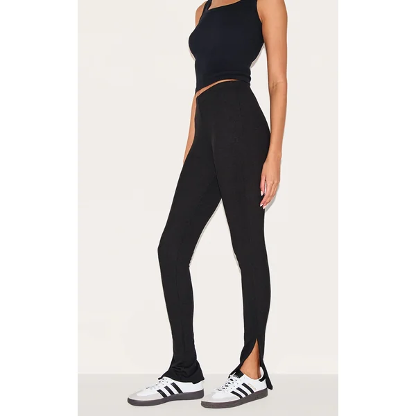 Black Textured Ribbed Split Hem Leggings