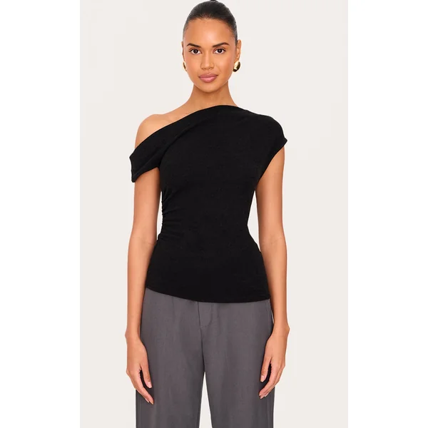 Black Textured Ruched Asymmetric Longline Top