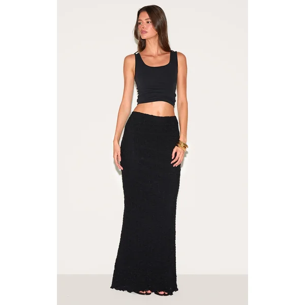 Black Textured Ruched Maxi Skirt