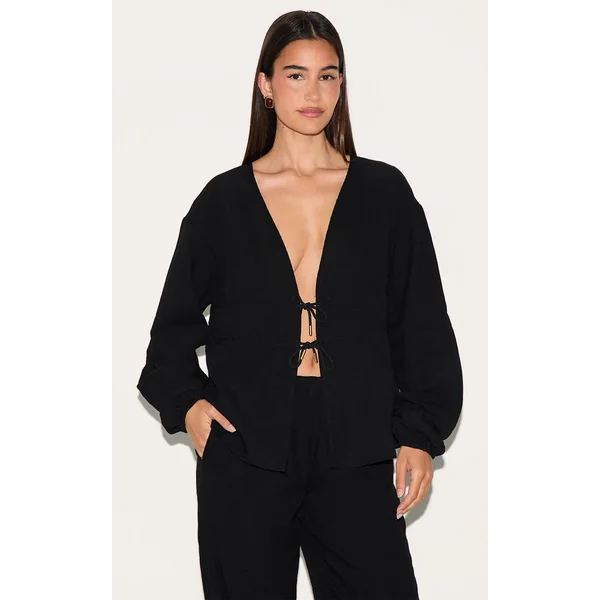 Black Textured Ruched Side Long Sleeve Plunge Top